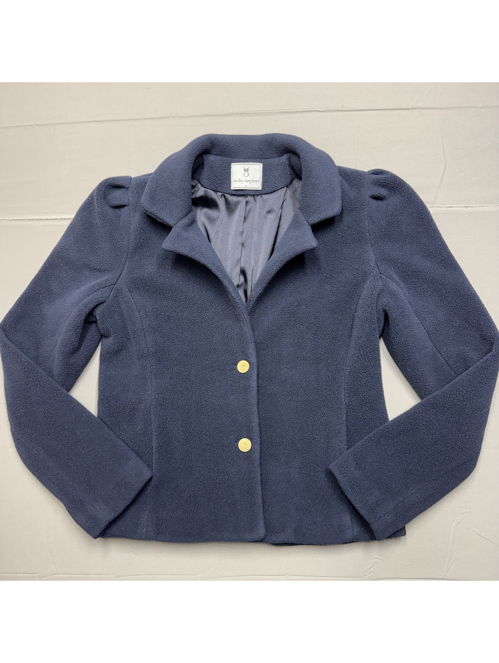 Dudley Stephens Womens Puff Sleeve Fleece Blazer Jacket Gold Button Size M Navy